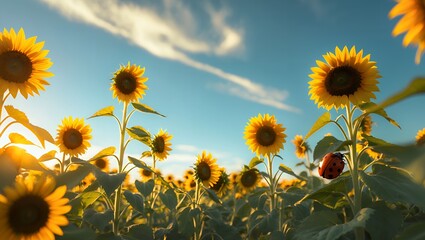 Obraz premium Sunflower Field Blooms Under Blue Sky with Ladybug on Stalk