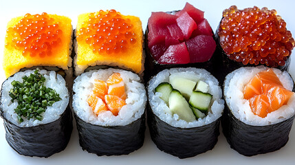 An assortment of colorful and diverse sushi rolls are presented, featuring tuna, salmon, cucumber, roe, and other ingredients, arranged on a white surface.