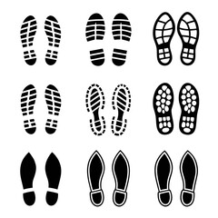 Collection of nine black shoe footprint icons with varied sole patterns on white shoe print
