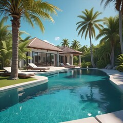 Fototapeta premium Luxury Tropical Villa with Swimming Pool and Palm Trees