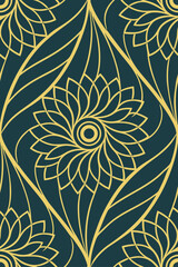 Fototapeta premium Geometric floral pattern with golden yellow lines on dark teal background seamless art deco