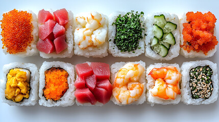 An overhead view of an assortment of colorful, square-shaped sushi pieces arranged in two rows on a white surface, showcasing different toppings.