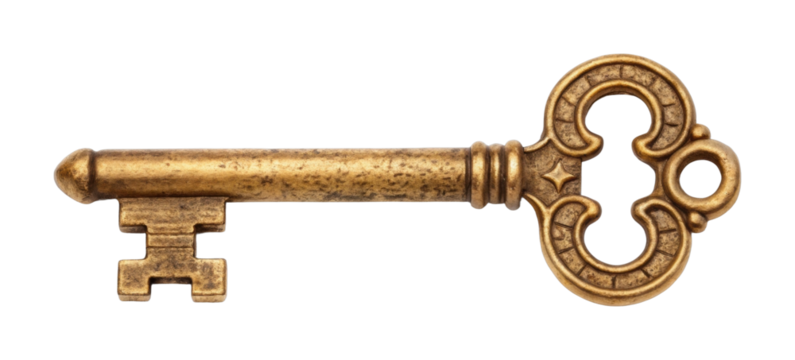 Antique brass skeleton key with ornate design and unique cut