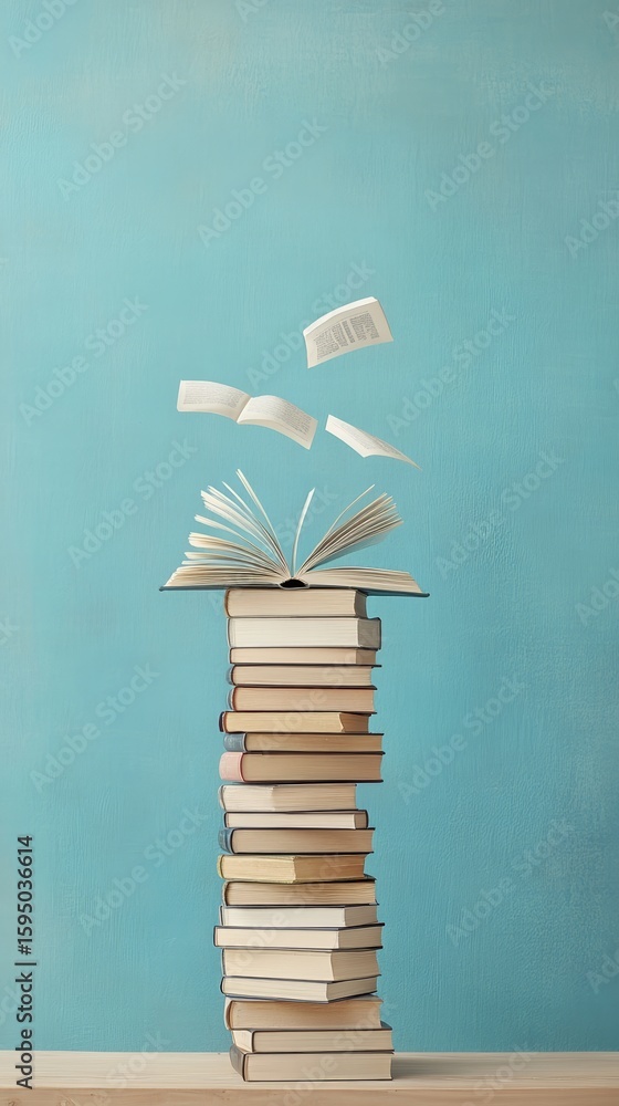 Poster open book balancing on towering book stack, pages fluttering dynamically against vivid blue backgrou
