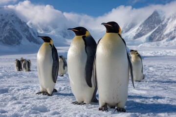 Naklejka premium A group of emperor penguins stand together on a snowy landscape with majestic mountains and a cloudy blue sky in the background
