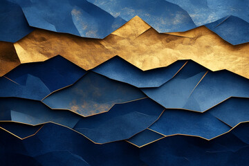 Abstract geometric landscape featuring layered blue and gold shapes resembling mountains and hills, creating a textured and stylized scene.
