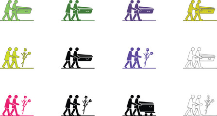Black and white illustration of people carrying a coffin and flowers in a grid arrangement