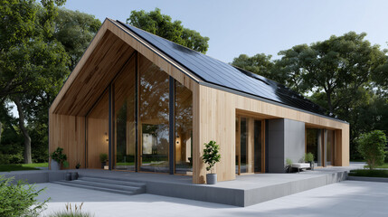 Fototapeta premium Modern Wooden House with Solar Panels and Eco Friendly Design