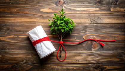 Conceptual flat lay of dirty tissue linked by red string to small tree sapling on raw wooden surface for environmental awareness. 
