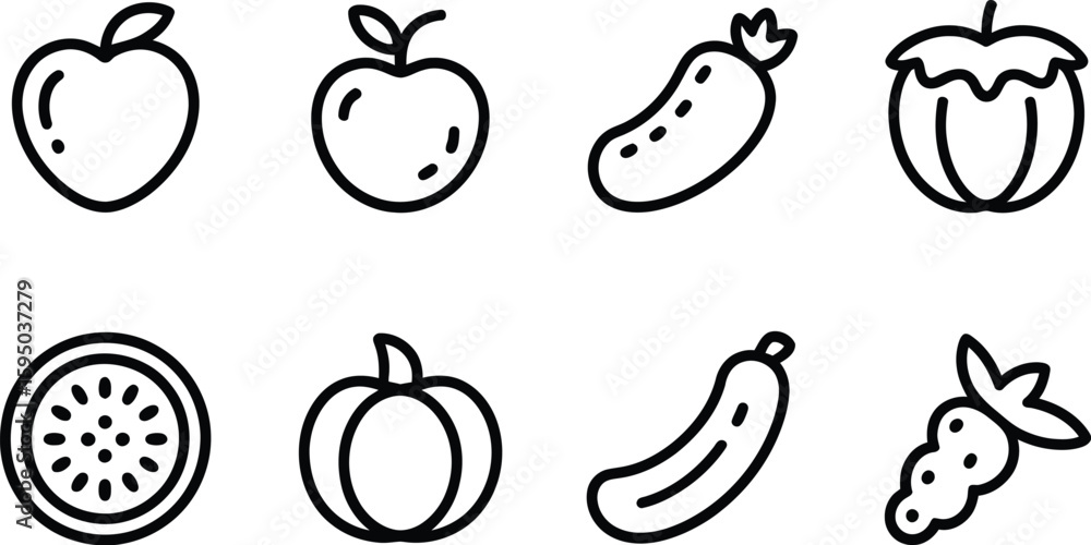 Poster a collection of eight different outlined fruits and vegetables in a simple and minimalist style desi