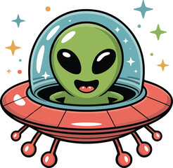 A friendly alien in a flying saucer surrounded by stars transparent vector png