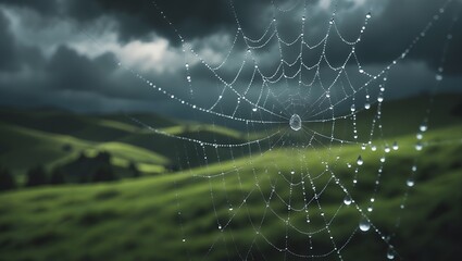 Spiderweb with Water Droplets Displaying Green Field and Overcast Sky