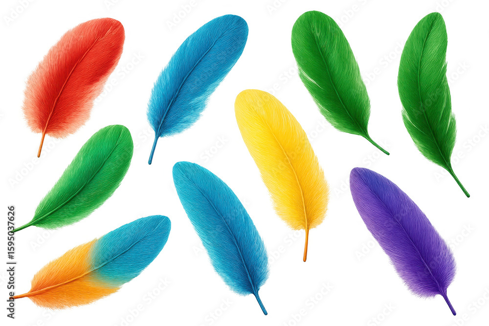 Poster realistic colorful feathers floating on a transparent background, creating a vibrant and dynamic vis