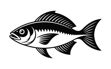 Minimal fish silhouette icon in black and white line art style featuring detailed fins, scales, and profile ideal for aquatic or marine themes