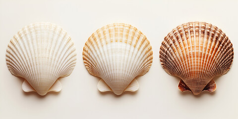 Three scallop shells in a row, varying in color from white to brown, displayed against a neutral background.