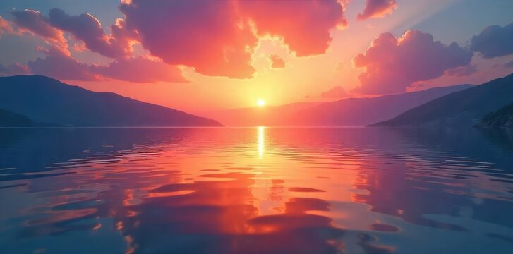 Serene sunrise over tranquil water reflecting vibrant colors, symbolizing inner peace and meditative energy flow Perfect for relaxation, spirituality, and mindfulness themes , dusk, dawn, breathwork
