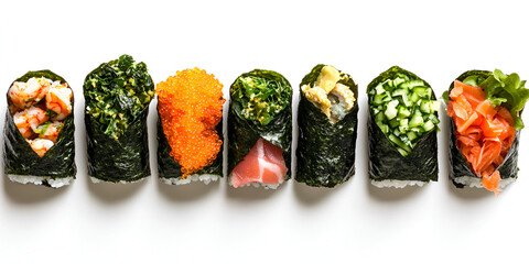 Seven pieces of temaki sushi with various fillings, including seafood, vegetables, and roe, arranged in a row on a white surface.