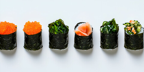 Six pieces of sushi rolls with various toppings including fish roe, seaweed, pickled ginger, and cucumber, arranged in a row on a white surface.