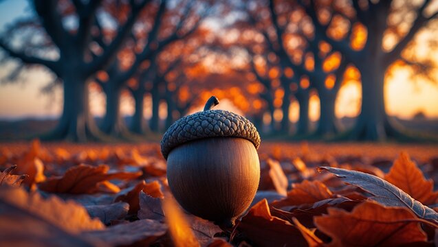 Acorn Resting on Autumn Leaves with Tree Lined Park Background
