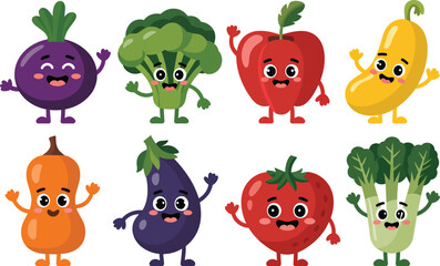 Collection of cartoon vegetables with happy expressions on a white background illustration style