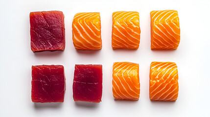 Eight rectangular pieces of raw fish, four tuna and four salmon, arranged in two rows on a white surface.