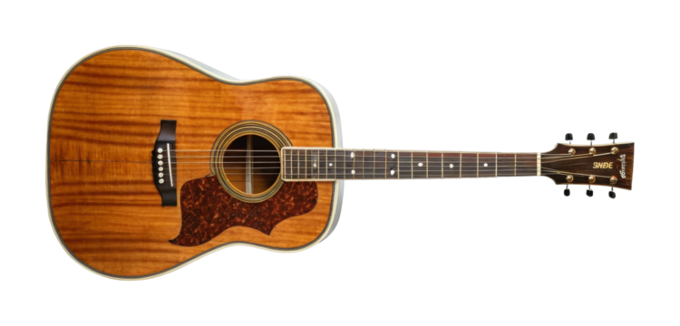 Wooden acoustic guitar with steel strings and artistic pickguard