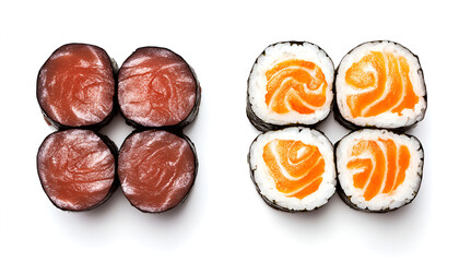 Two sets of sushi rolls, one with a red filling and the other with salmon, are presented on a white background.