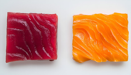 Two square cuts of raw fish, one vibrant red tuna and one bright orange salmon, displayed side-by-side on a white background.