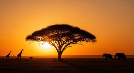 African savanna sunset with acacia tree and giraffes elephants wildlife