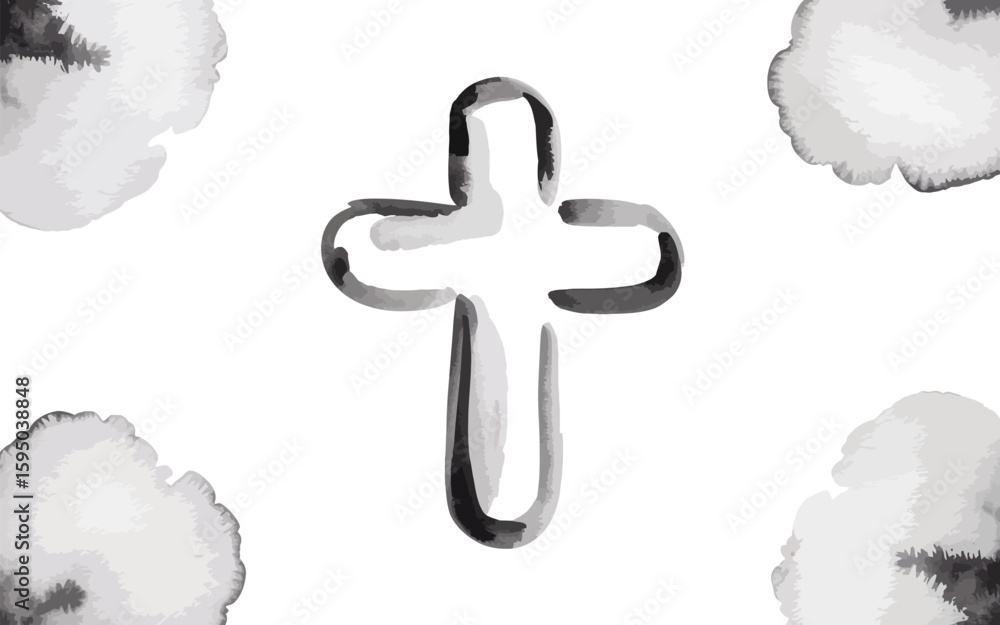 Poster watercolor style drawing of a cross surrounded by clouds on a white background simple and minimalist