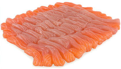 Close-up view of a rectangular arrangement of fresh, thinly sliced salmon.
