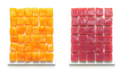 Two squares of cubed raw fish, salmon and tuna, arranged neatly on a white surface, showcasing vibrant colors and textures.