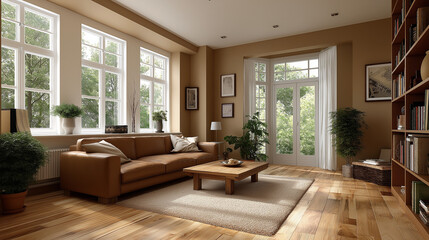 Fototapeta premium Elegant living room interior with a comfortable sofa, natural light and bookshelf