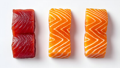 Three slices of raw fish, tuna and salmon, arranged in a row on a white background, showcasing the different colors and textures of the seafood.