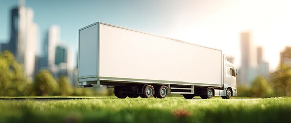 Empty white semi-truck on grassy median in a city