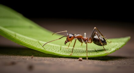 Green leaf with a close-up of a small black insect, an ant, featuring its detailed antenna and leg, isolated in nature