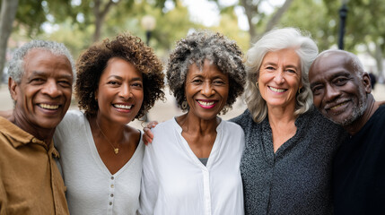 Group of Diverse Happy Seniors Embracing Friendship in Urban Park