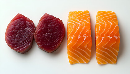 Two raw tuna steaks and two salmon fillets arranged on a white surface.