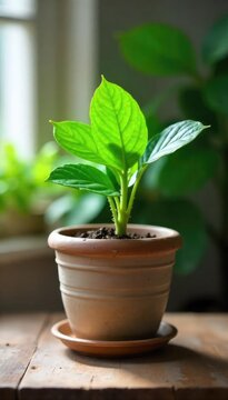 Fototapeta Vibrant green leaves sprout from a charming, rustic flowerpot, creating a lush and healthy indoor plant scene Perfect for spring, summer, and home decor themes , life, brown