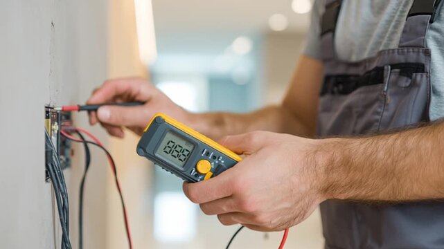 Expert's Electrical Inspection: An electrician meticulously tests electrical components with a multimeter, embodying skill, precision, and dedication to safety