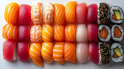 A colorful and appetizing arrangement of various sushi pieces, showcasing fresh ingredients.