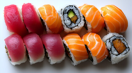 An overhead shot showcasing a variety of sushi pieces, including tuna nigiri, salmon nigiri, and maki rolls with avocado and other fillings, arranged on a white surface.