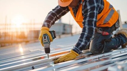 Worker on the Rooftop: A skilled construction worker, clad in safety gear, meticulously uses a power drill on a metal roof under the warm, inviting sunlight.