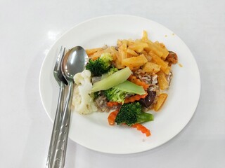 Thai Mixed Vegetables with Brown Rice and Pineapple Curry on White Plate