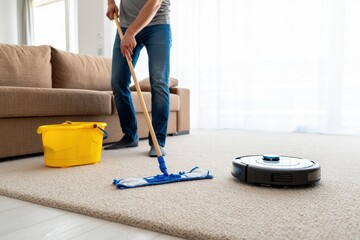 Fototapeta premium Man mopping carpet with robot vacuum in living room for modern cleaning convenience