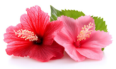 Two vibrant hibiscus flowers, one red and one pink, are displayed with green leaves against a white background.