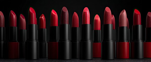 Obraz premium 3D render of various shades of red lipsticks on a black background, in a minimalist style. 