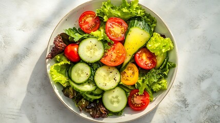 Fresh Garden Salad with Cucumber, Tomato, and Lettuce on a White Plate