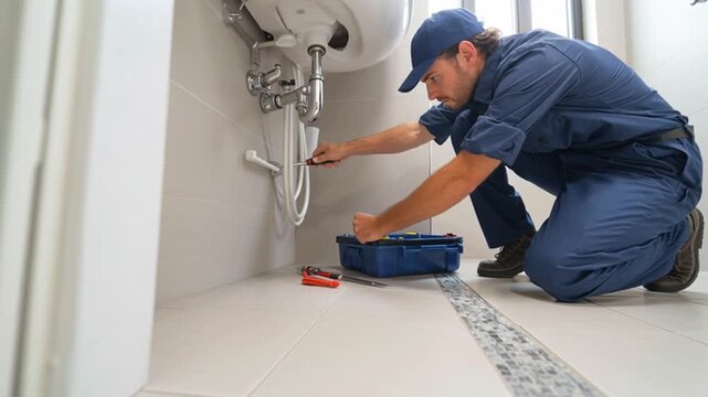 A skilled plumber meticulously works on fixing the plumbing under the sink, demonstrating precision and expertise in a typical home environment.