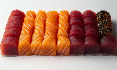 Close-up of neatly arranged rows of fresh salmon and tuna sashimi, with one piece topped with sesame seeds.